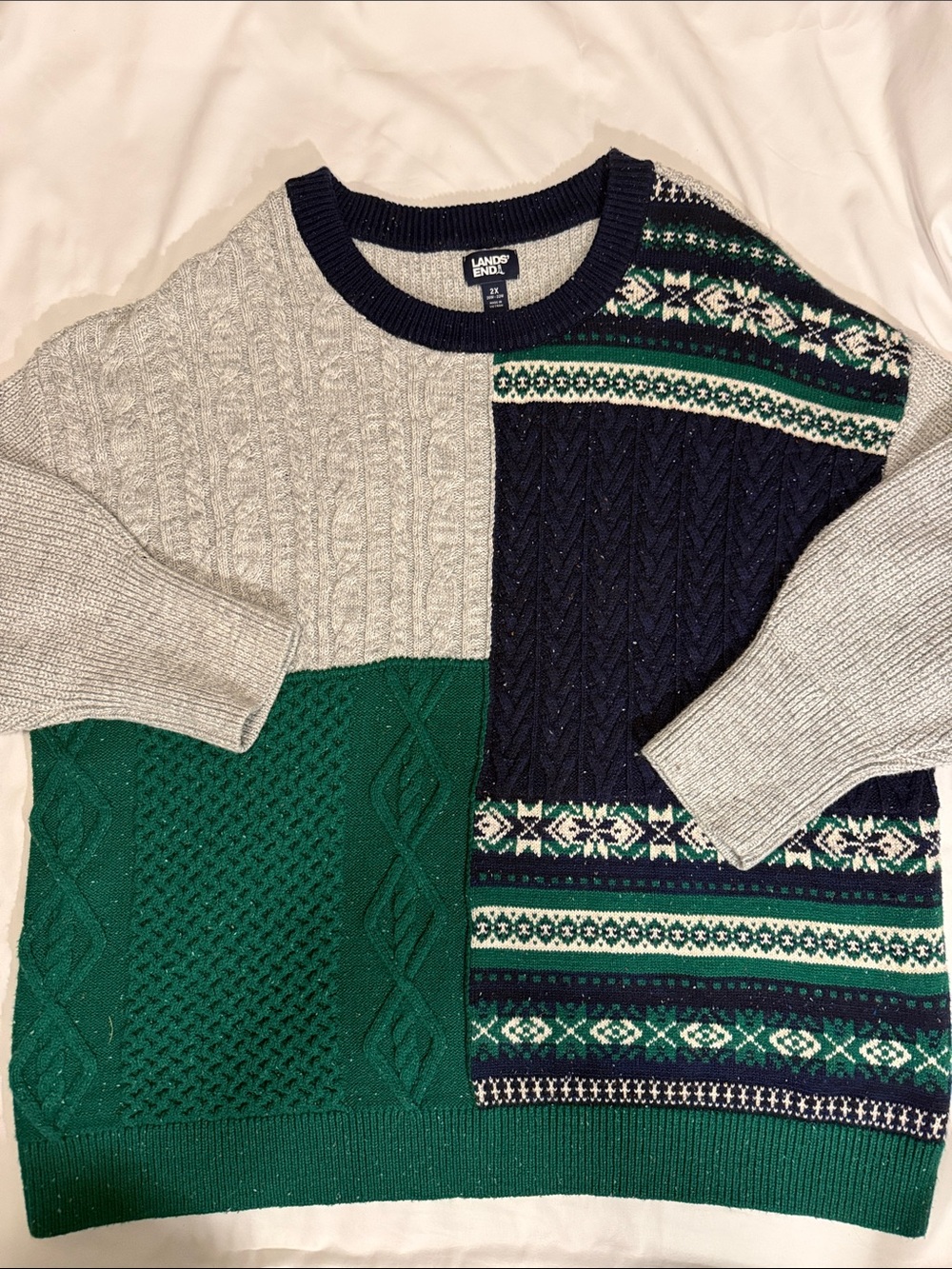 NWT 90s Lands' End Green, Navy & Gray Patchwork Cable Crewneck Sweater (Women)